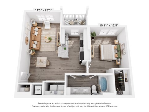 Floor plan for 1 bed, 1 bath, 740 sqft